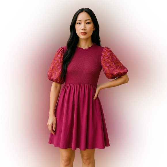 Entro Anthropologie Embroidered Bubble Sleeve Smocked Minidress size Large - Picture 1 of 7